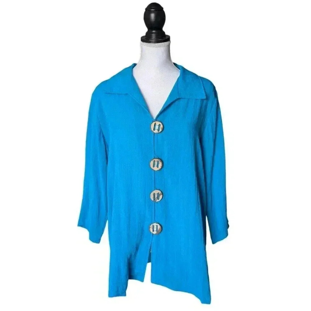 Fridaze 100% Linen Blue Button Up Top Size Medium Lagenlook 3/4 Sleeve V Neck